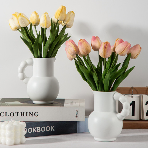 厂家批发仿陶瓷塑料花瓶奶油风装饰摆件水壶形状吹塑可蓄水鲜花瓶