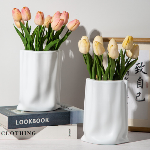 塑料花瓶简约清新干花插花摆件仿陶瓷鲜花瓶仿真创意布袋花瓶批发
