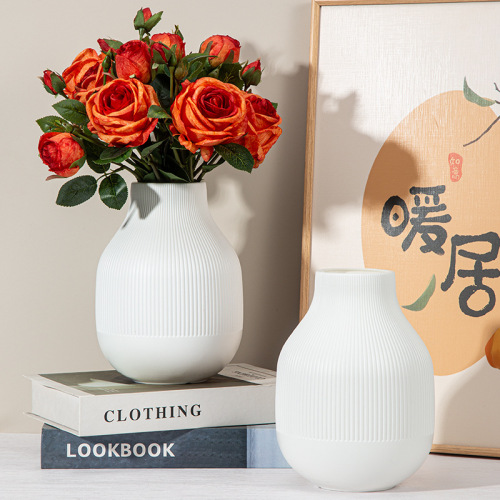 哑光竖纹仿陶瓷花瓶民宿酒店插花摆件客厅玄关工艺品吹塑可蓄水