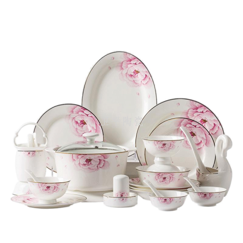 高端骨瓷60头餐具景德镇轻奢家用陶瓷碗盘微波炉洗碗机适用 包邮