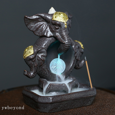 Ceramic Elephant Backflow Incense Burner Led Light Elephant God Incense Burner Backflow Smoke Home Decorations