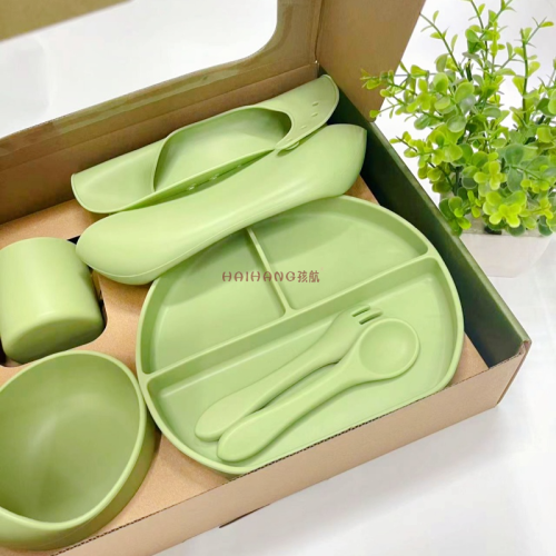 children‘s silicone spork plate six-piece set baby food supplement training compartment tray baby compartment tableware set six colors
