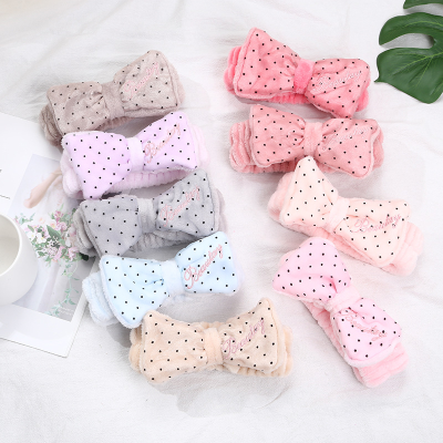 Factory Wholesale Korean Style Dot Embroidery Bow Headband for Women Cute Makeup Face Wash Headband Hair Accessories Hair Band