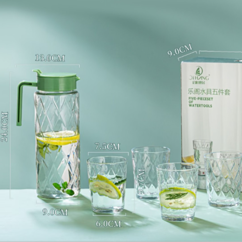 one pot four cups rhombus stripe glass cold water bottle 5-piece set cup pot suit