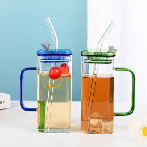 ins beverage plastic cover square cup glass with handle color juice milk drinking fresh simple straw cup