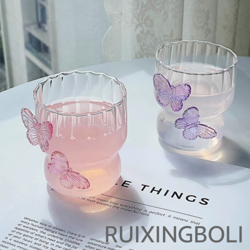 高颜值手工立体蝴蝶玻璃杯创意咖啡杯花瓣杯条纹杯牛奶杯子伴手礼