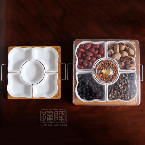 跃隆日式带盖水果盘分格陶瓷干果拼盘零食点心小吃瓜子坚果盒组合