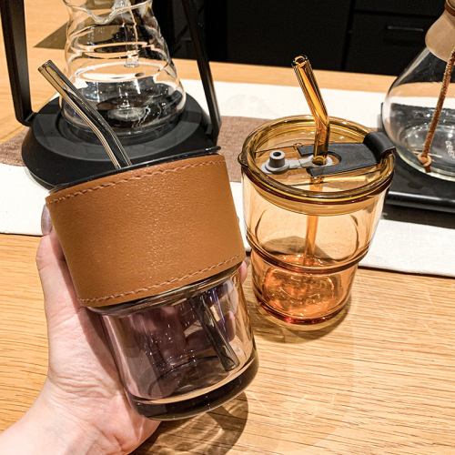 带皮套竹节杯吸管杯玻璃水杯高颜值双饮ins咖啡杯便携杯子批发