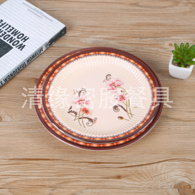 Melamine Tableware Printing round Plate Flat Plate Buffet Plate Bone Dish Drop-Resistant Dish Commercial Imitation Porcelain Plastic round Plate