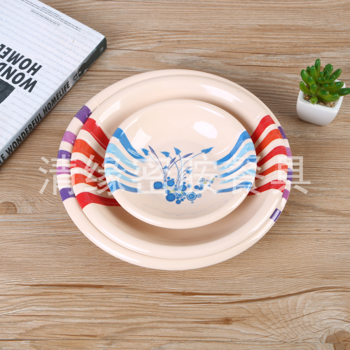 厂家直销条纹印花图案密胺材质菜盘骨碟餐具用品时尚简约家用餐具