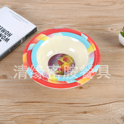 Export Style Imitation Porcelain Texture Melamine Tableware Printed Soup Bowl round Mouth Soup Bowl Specifications and Patterns Diversified