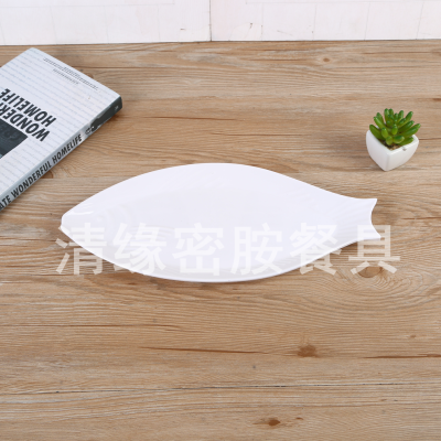 Household Imitation Porcelain Texture Melamine Fish Dish Dinner Plate Tableware Fish-Shaped Simple White Fish Steaming Plate Hotel Wholesale Tableware