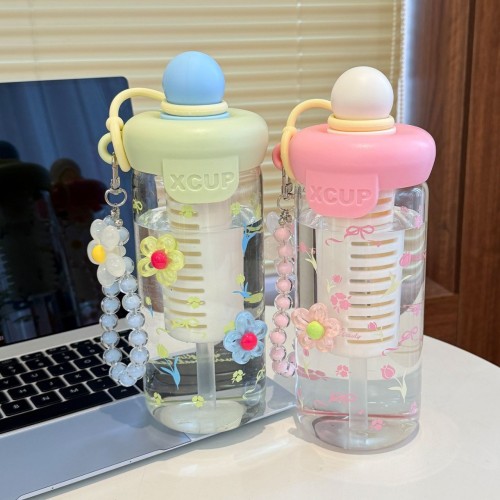 夏季新款卡通大容量吸管杯带茶仓泡茶杯户外运动带提绳玻璃杯