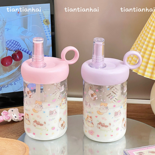 夏季高颜值塑料水杯吸管女生可爱猫猫新款便携学生随手塑料杯