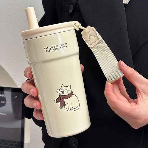 咖啡杯简约水杯高颜值吸管保温杯大容量不锈钢新款便携办公室杯子