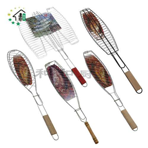 wooden handle single fish barbecue wire mesh clip bbq grill three fish grilled fish clip barbecue clip outdoor barbecue fish tools
