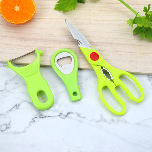 factory direct sales a366-3pc kitchen 3-piece scissors paring knife bottle opener kitchen gadget set gift