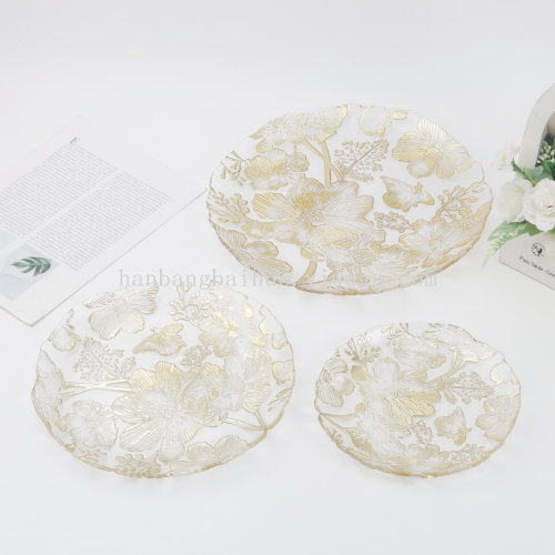 高档花色烫金玻璃盘酒店餐盘家用水果沙拉盘装饰摆盘婚庆高档餐盘