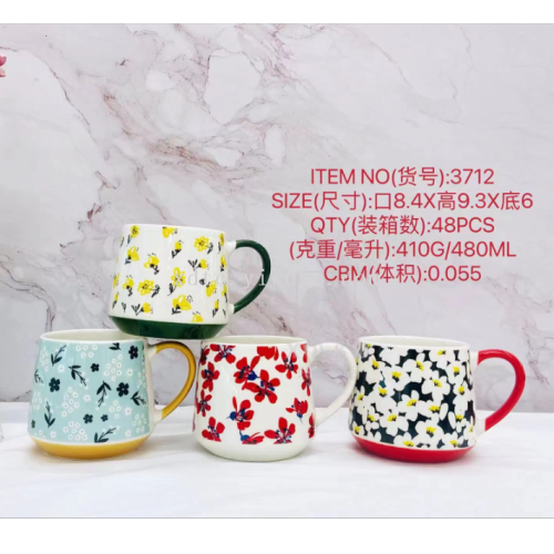 Factory Direct Sales Ceramic Creative Personalized Trend New Fashion Water Cup Trapezoidal Cup Color Handle Roasted Flowers 3712