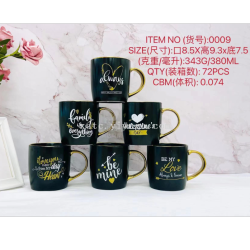 Direct Selling Ceramic Creative Personalized Trend New Fashion Water Cup Matt Black Dream Cup Gold Handle Gold Flower 0009