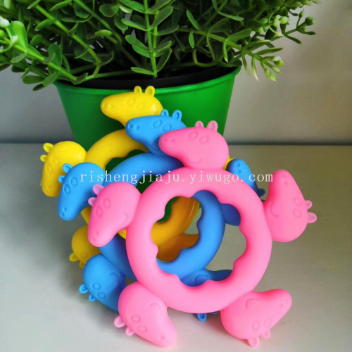 Cartoon Pig Baby Teether Ring Pig Head Shape Baby Teether Stick Infant Happy Bite Silicone RS-8543