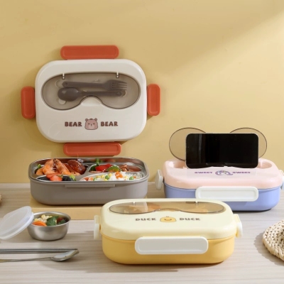 S42-2551INS Cute 304 Stainless Steel Lunch Box Bento Box Convenient Dining Heating Lunch Box with Tableware