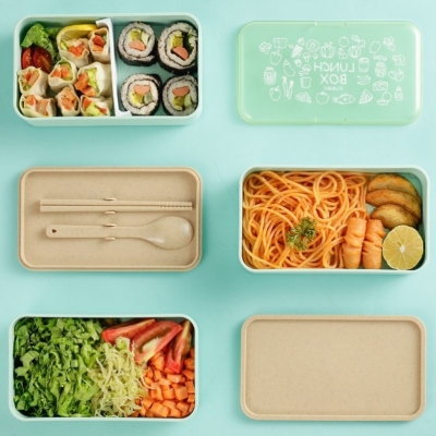 J129-XC-359 Wheat Lunch Box Japanese Style Tableware Double-Layer Lunch Box Sushi Box Fruit Container Office Lunch Box
