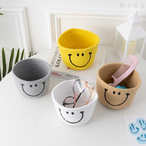 smiley face environmental protection cotton braided desktop key roll storage basket cotton string handmade bedside thickened clutter organizing box