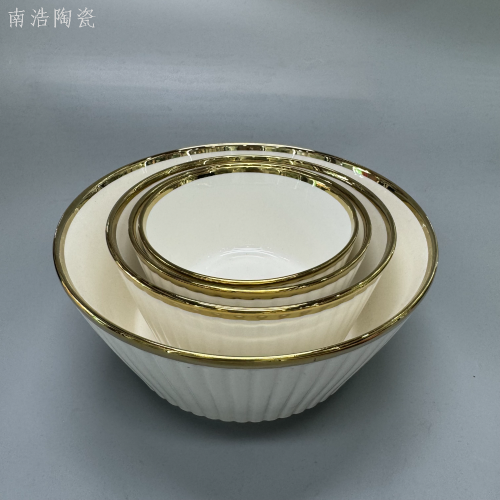 简约日式碗竖纹陶瓷碗纯白金边创意家用碗盘米饭碗汤碗餐具批发