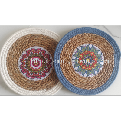 Printed Straw Placemat with Cotton Rope Wrapped Edge Tablemat Bowl Pad for Daliy Use