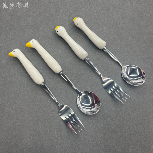 【 chengfa] Duck Cartoon Ceramic Handle Spoon Fork Stainless Steel Tableware Fork Spoon Children‘s Tableware