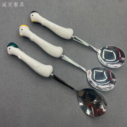[chengfa] penguin cartoon ceramic handle spoon fork stainless steel tableware fork spoon children‘s tableware