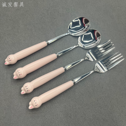 [Chengfa] Pink Rabbit Cartoon Porcelain Handle Spoon Fork Stainless Steel Tableware Fork Spoon Children‘s Tableware