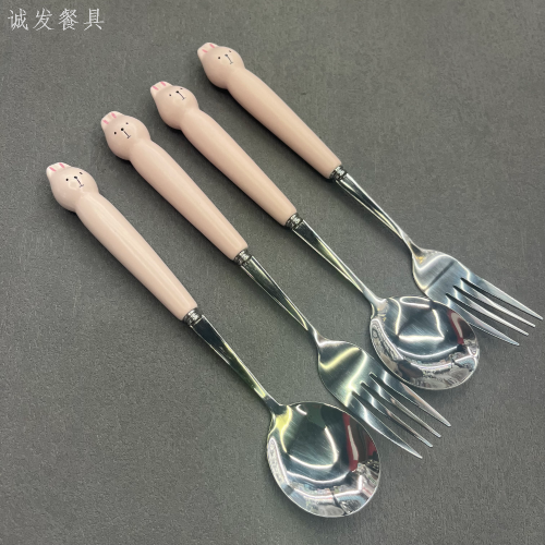 [Chengfa] Pink Rabbit Cartoon Porcelain Handle Spoon Fork Stainless Steel Tableware Fork Spoon Children‘s Tableware