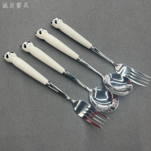 [chengfa] white panda cartoon ceramic handle spoon fork stainless steel tableware fork spoon children‘s tableware