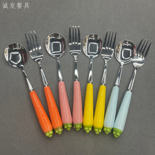 [Chengfa] Colored Carrot Cartoon Porcelain Handle Spoon Fork Stainless Steel Tableware Fork Spoon Children‘s Tableware