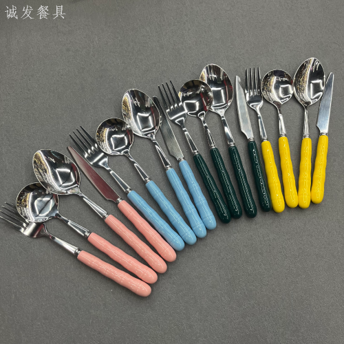 [Chengfa] Color Cartoon Porcelain Handle Knife Spoon Fork Stainless Steel Tableware Knife， Fork and Spoon Children‘s Tableware