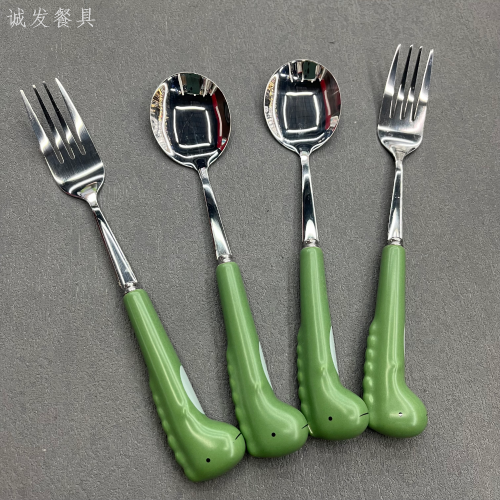 [chengfa] green dinosaur cartoon ceramic handle spoon fork stainless steel tableware fork spoon children‘s tableware