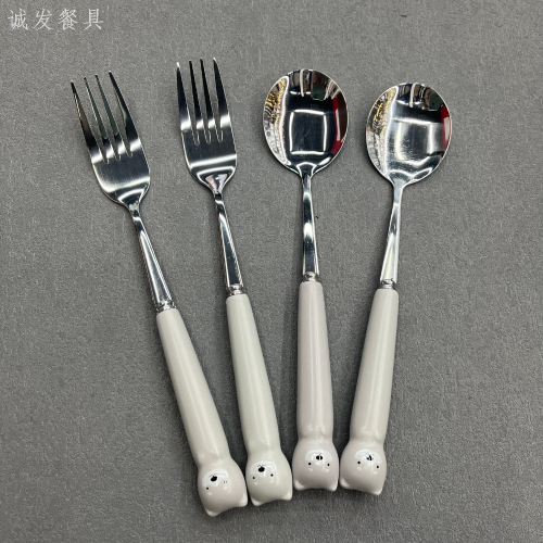 [chengfa] bear cartoon ceramic handle spoon fork stainless steel tableware fork spoon children‘s tableware