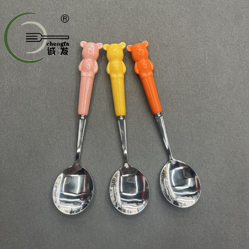 [Chengfa] Bear Ceramic Handle Spoon Stainless Steel Tableware Kitchen Supplies Cartoon Children‘s Tableware Knife， Fork and Spoon