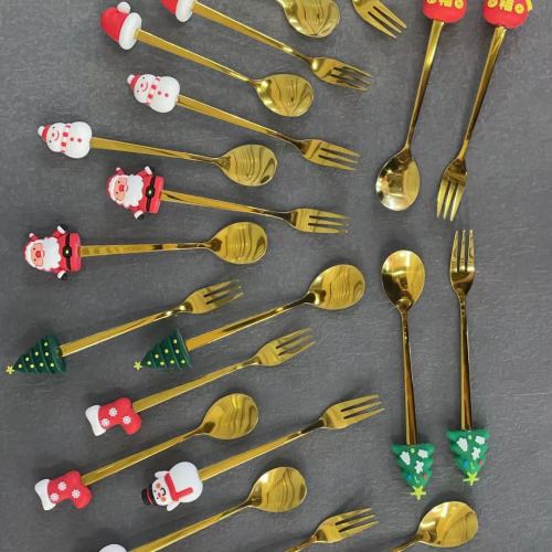 stainless steel spoon creative christmas tree coffee stir spoon dessert fruit fork doll spoon fork tableware gift suit