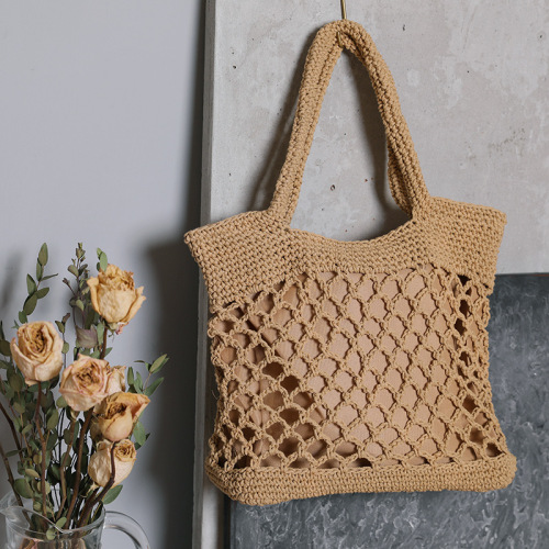 新款纯色棉线钩针手提包森系镂空编织时尚单肩包沙滩度假女士包包