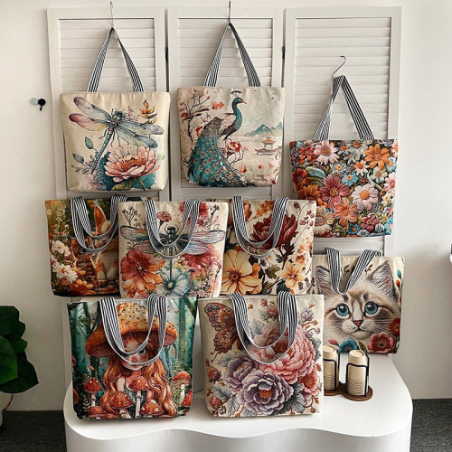 跨境新款单面刺绣民族风帆布包沙发布单肩包包女时尚金丝绣花包包