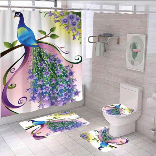 浴室帘涤纶防水浴帘套装3d印花浴帘卫生间隔断浴室四件套