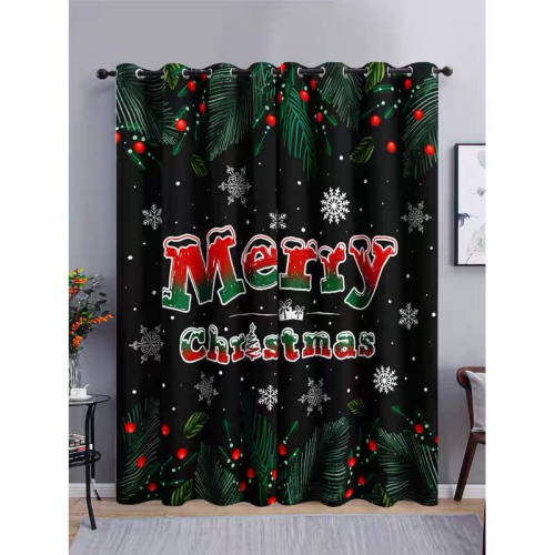 诞老人遮光窗帘定制数码印花黑丝层不锈钢打孔遮阳布帘跨 境厂家