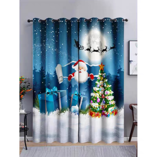 诞老人遮光窗帘定制数码印花黑丝层不锈钢打孔遮阳布帘跨 境厂家