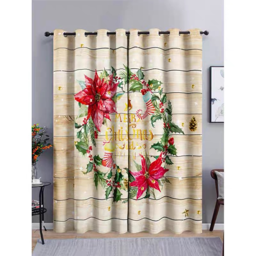 诞老人遮光窗帘定制数码印花黑丝层不锈钢打孔遮阳布帘跨 境厂家