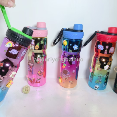 Net Red High Face Plastic Electroplating Water Cup Double Drink Portable Creative Cup with Straw Children Student Jun Carrying Water Cup