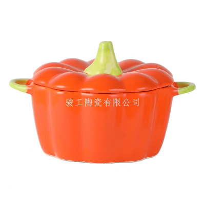 Ceramic Double Ears with Lid Soup Bowl Household Pumpkin Shape Rice Bowl Underglaze Color Instant Noodle Bowl Microwave Oven Baking Bowl