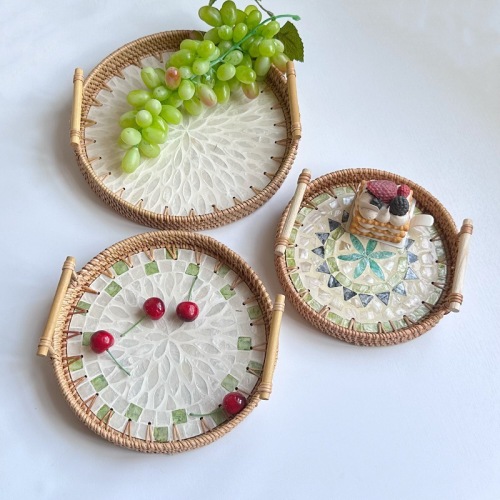 贝壳藤编双耳藤编贝壳水果圆形茶几托盘编织早餐篮面包筐点心篮子